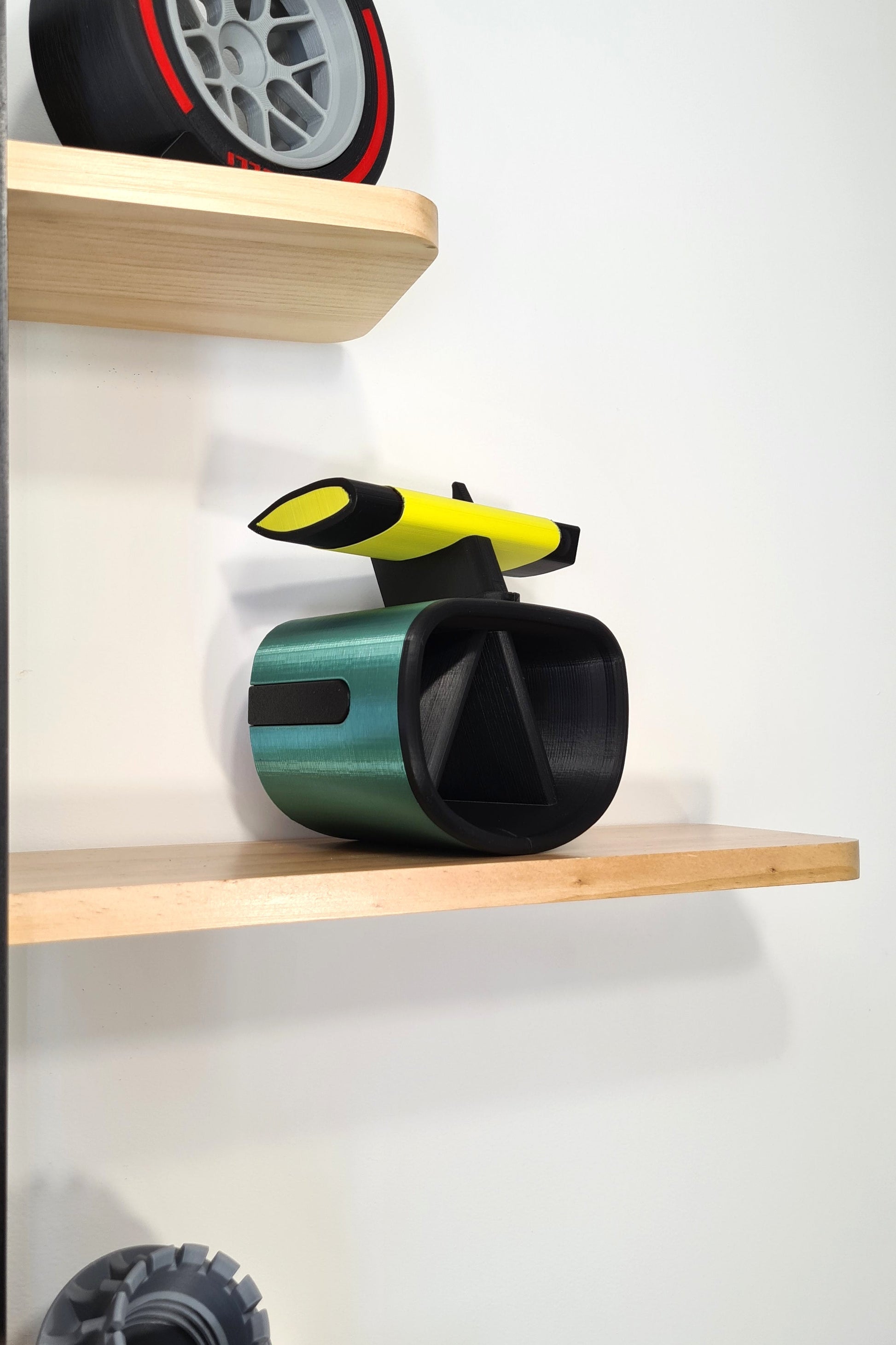 Green and yellow F1 car inspired 3D printed desk organizer, perfect F1 fan gift.