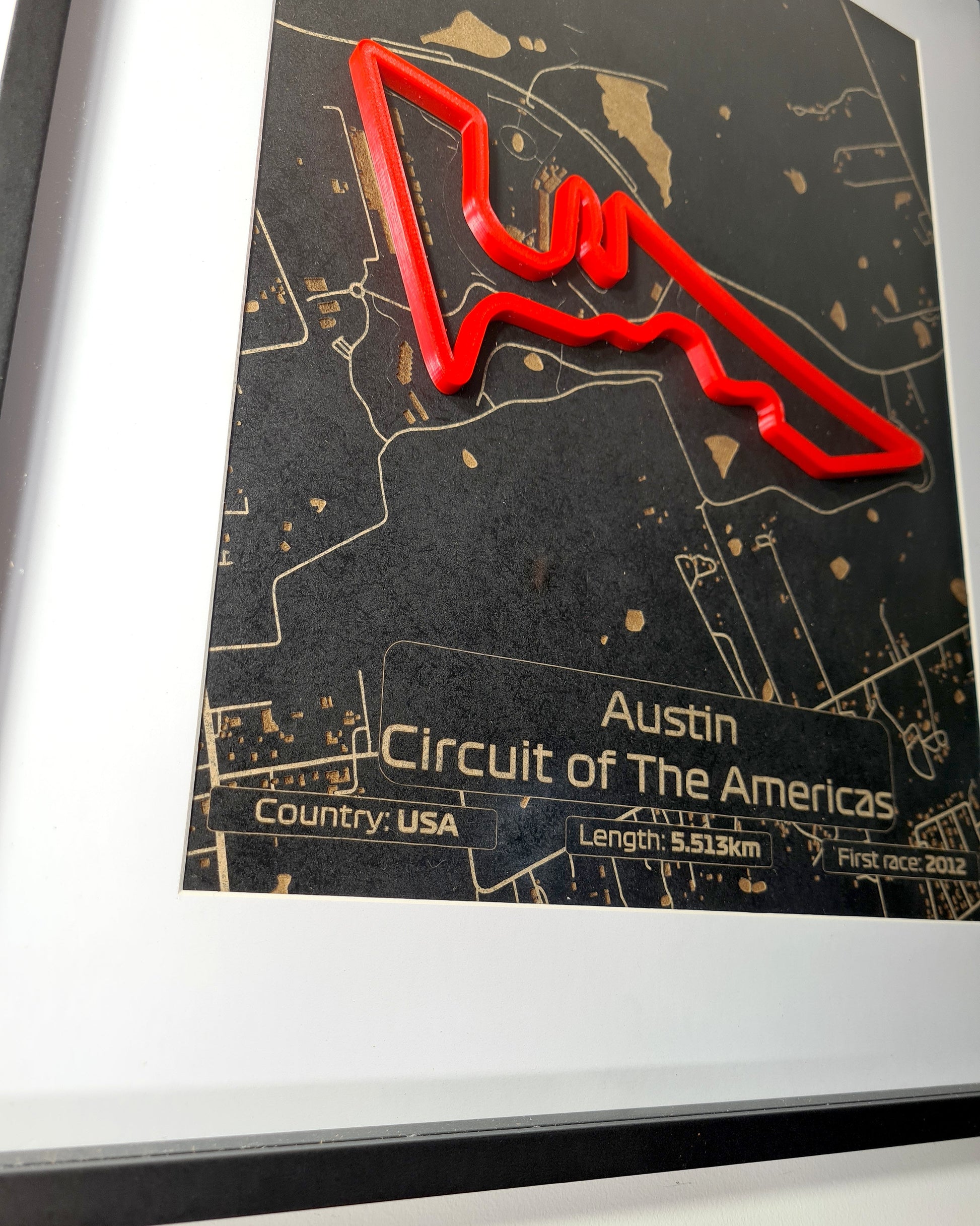 Austin Circuit of the Americas 3D F1 track replica framed wall art, perfect gift for F1 fans.
