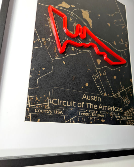 Austin Circuit of the Americas 3D F1 track replica framed wall art, perfect gift for F1 fans.