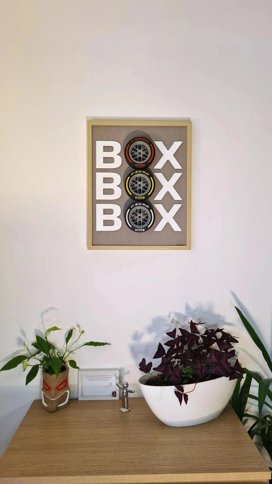 F1 'Box Box Box' framed wall art with Pirelli soft, medium, hard tire replicas, perfect F1 gift.