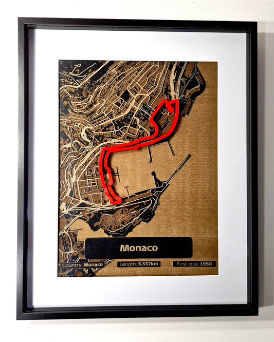Monaco Formula 1 Circuit 3D wooden track map framed F1 wall art
