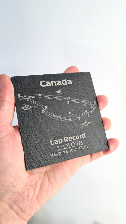 Canada F1 Gilles Villeneuve Circuit map slate coaster, Valtteri Bottas 2019 lap record, F1 fan gift.