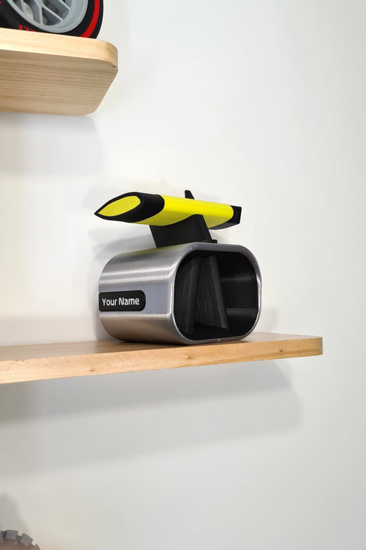 Customizable yellow and black F1 rear wing desk organizer, ideal Formula 1 fan gift.