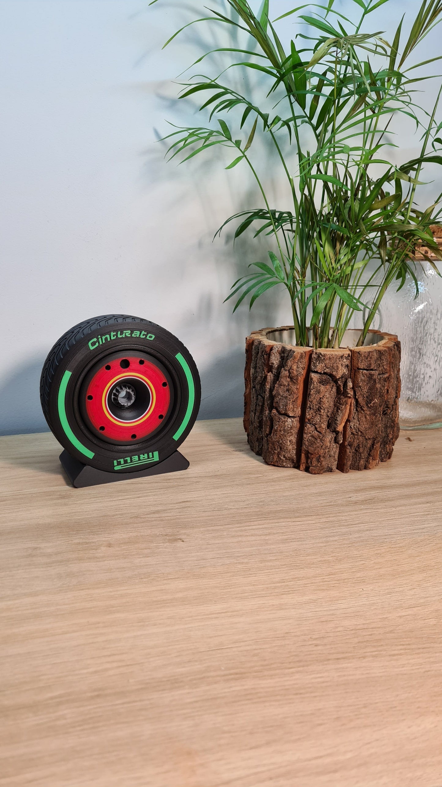 Pirelli Cinturato green intermediate F1 tire 3D printed display model, great F1 fan gift.