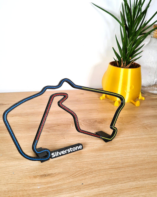 Silverstone F1 circuit 3D printed track model with Pirelli tire colors, unique Formula 1 fan gift.