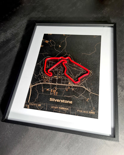 Silverstone F1 circuit 3D track map framed wall art, perfect F1 fan gift