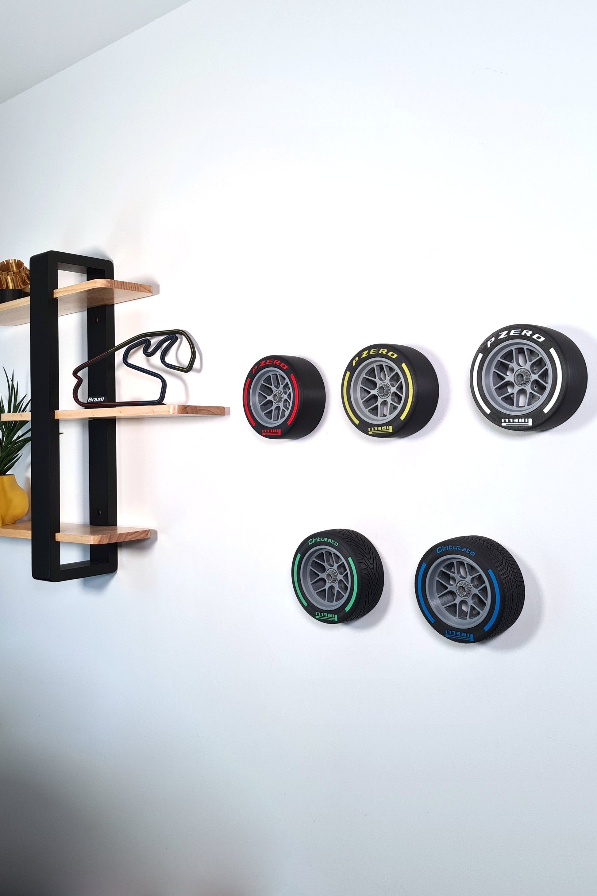 F1 Pirelli tire replica wall art featuring red, yellow, white, green, blue compounds for F1 fans