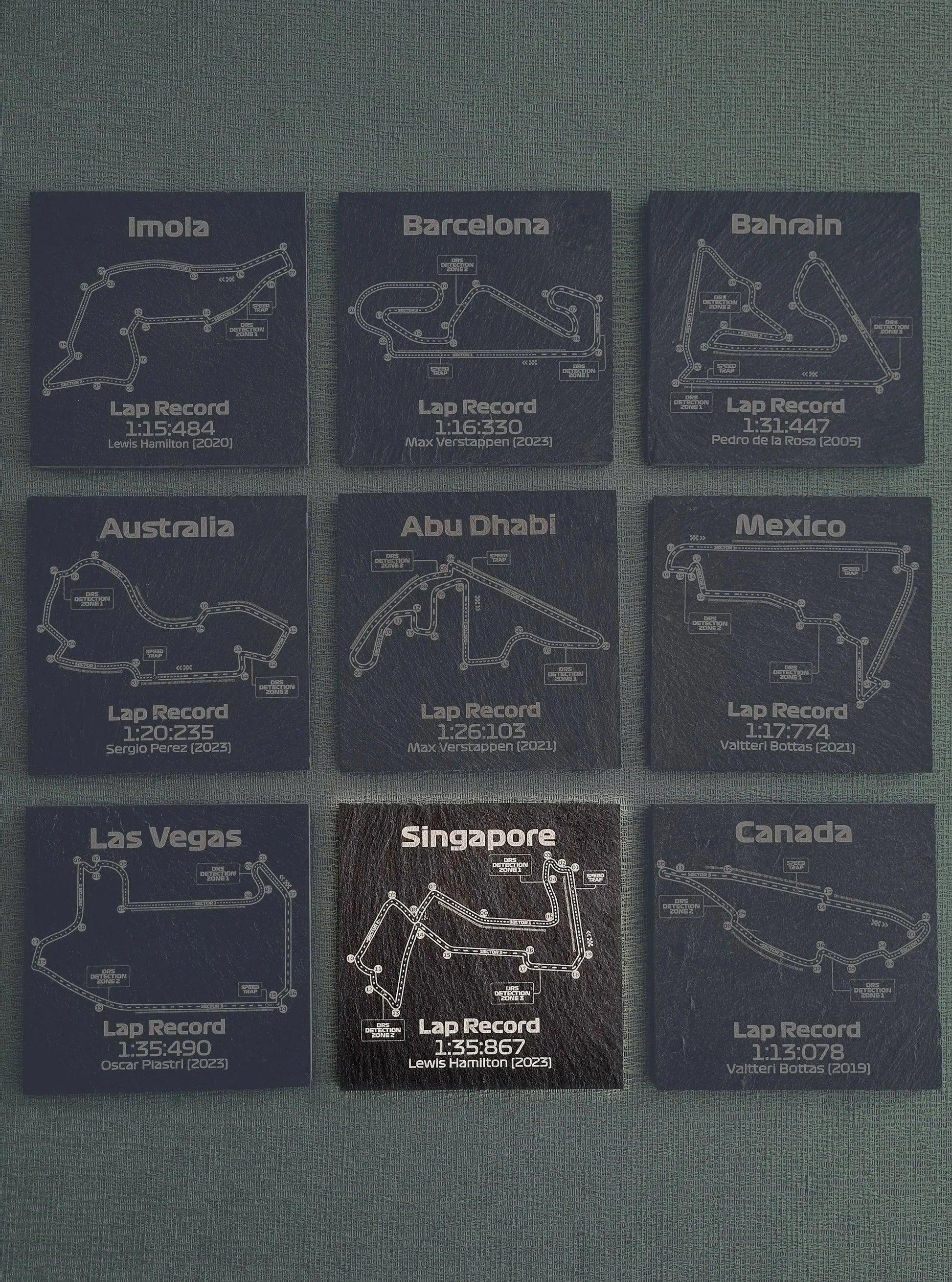 F1 circuit map slate coaster set featuring 9 iconic Formula 1 track layouts & lap records.
