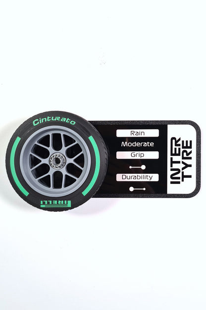Replica of a Formula 1 tyre and rim displayed next to a panel showing its specifications including suitability in rain, moderate grip, and durability levels, ideal for understanding racing car components.