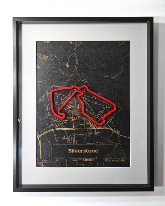 Silverstone Formula 1 Circuit 3D track map wall art, red track outline on black and gold design, F1 fan gift.