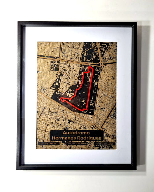 Autódromo Hermanos Rodríguez Mexico Grand Prix F1 circuit map framed wall art, ideal Formula 1 fan gift.