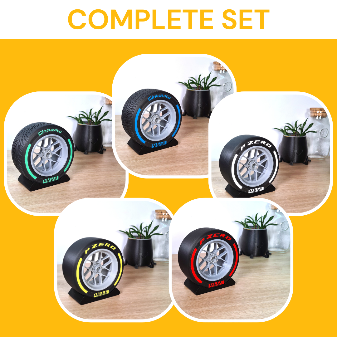 COMPLETE SET - F1 Tyre and Rim Replica - 🔴🟡⚪🟢🔵 - 125mm - 5"