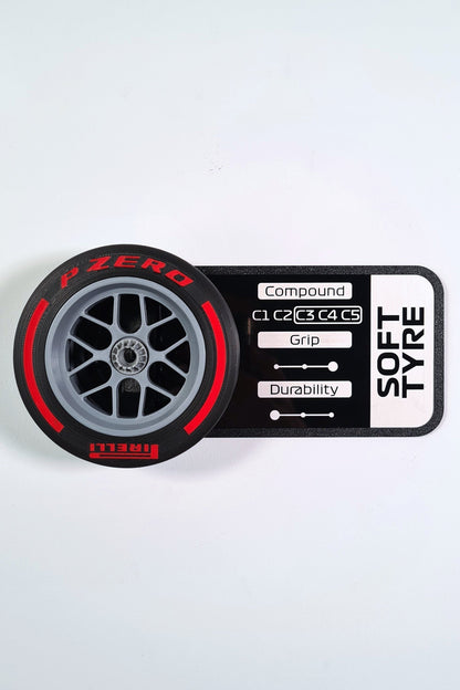3D printed F1 Pirelli P Zero red soft tyre replica display with stats, ideal F1 fan gift.