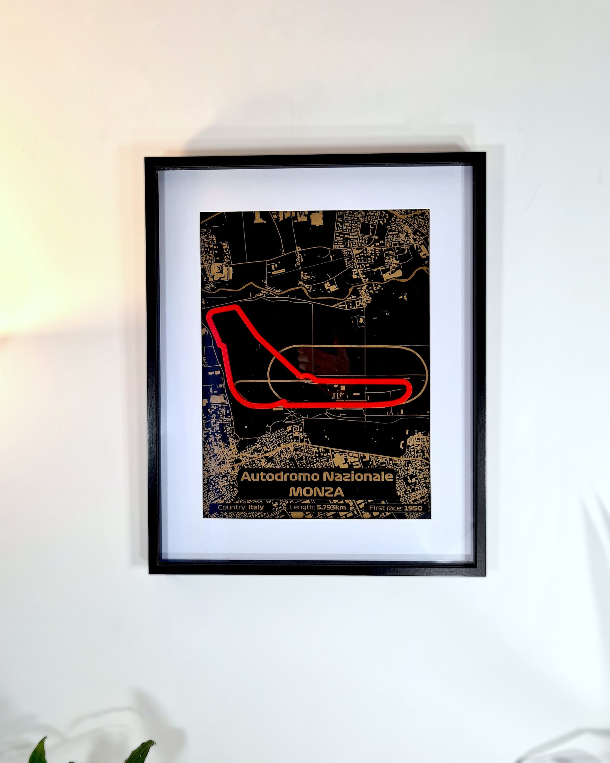 Autodromo Nazionale Monza F1 circuit map wall art, black & gold with red track outline. Ideal F1 fan gift.