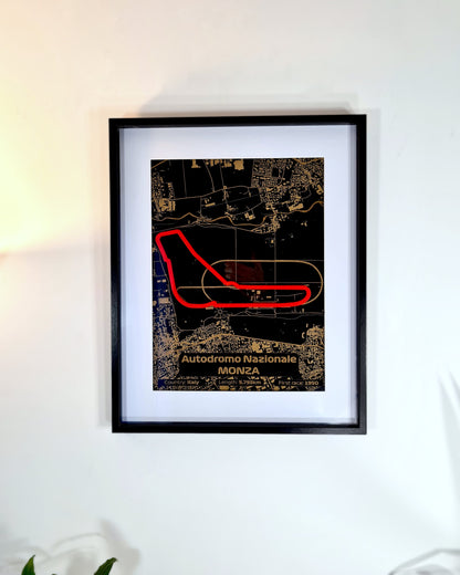 Autodromo Nazionale Monza F1 circuit map wall art, black & gold with red track outline. Ideal F1 fan gift.