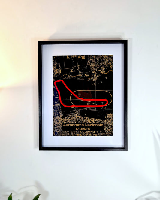 Autodromo Nazionale Monza F1 circuit map wall art, black & gold with red track outline. Ideal F1 fan gift.