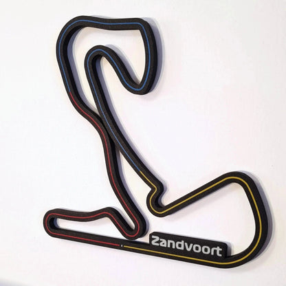 Zandvoort Formula 1 track wall art, 3D printed circuit replica, black with red, blue, yellow lines, F1 fan gift.