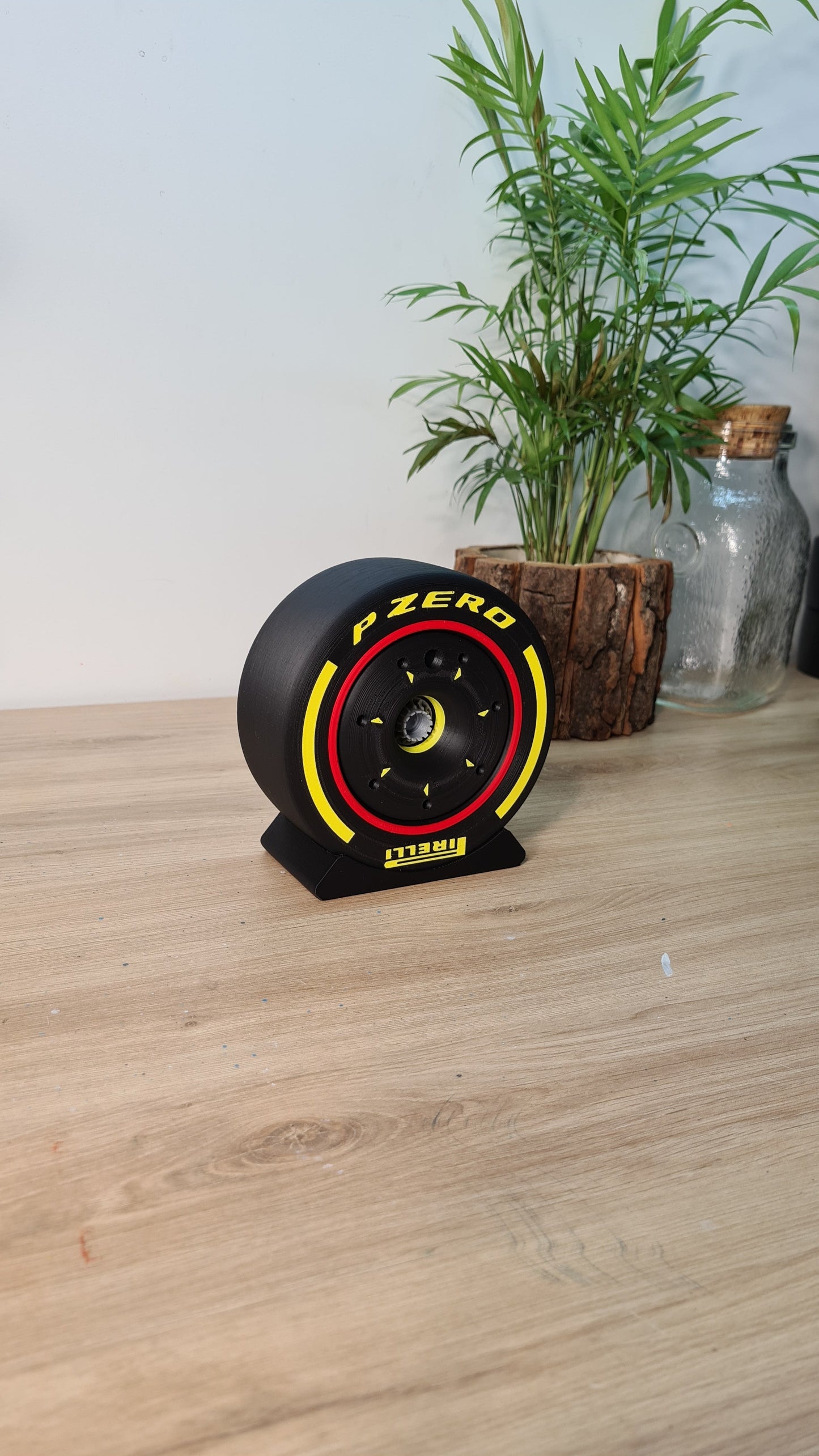 Pirelli P Zero yellow medium F1 tire replica display model, ideal Formula 1 fan gift.