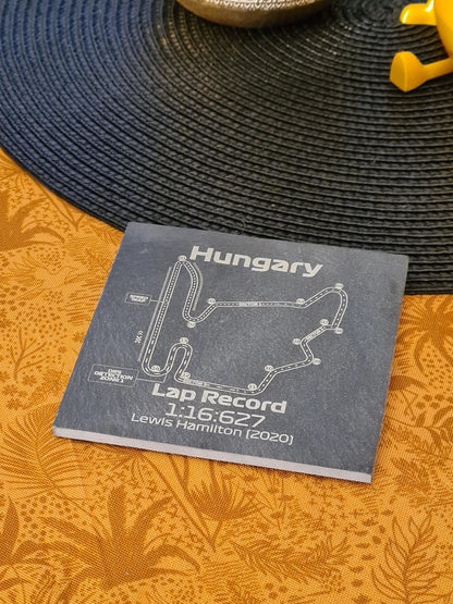 Hungary Hungaroring F1 circuit map black slate coaster with Lewis Hamilton's 2020 lap record, perfect F1 fan gift.