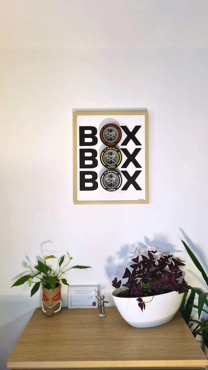 Framed Formula 1 'BOX BOX BOX' wall art with 3D Pirelli tire compounds: red, yellow, and white.