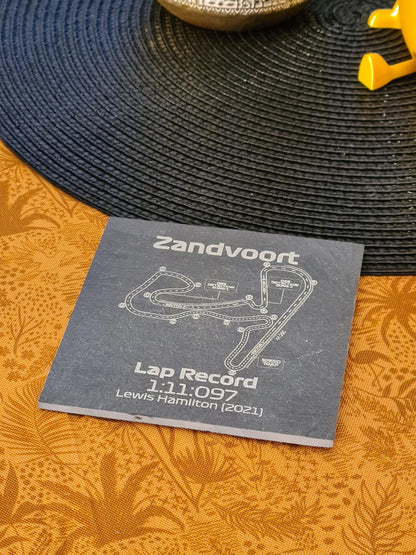 Zandvoort F1 circuit map slate coaster with Lewis Hamilton 2021 lap record, great F1 fan gift.