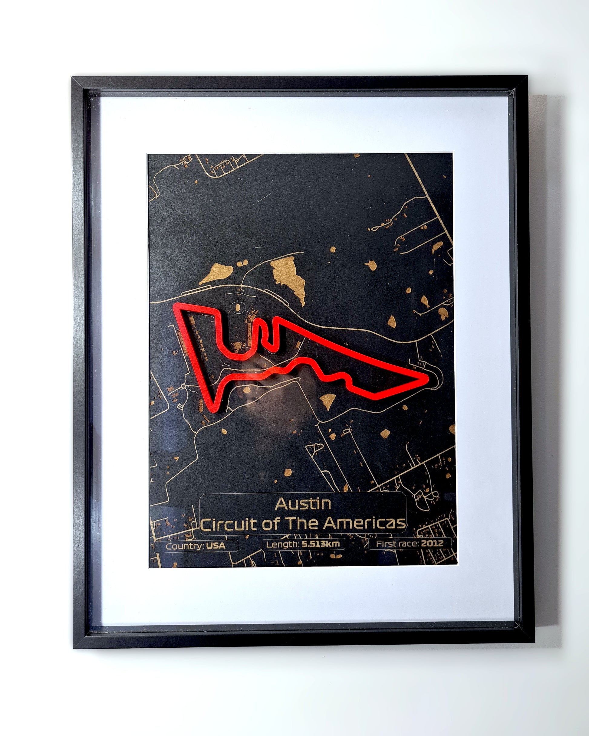 Red 3D Austin Circuit of The Americas F1 race track framed wall art, unique F1 fan gift.
