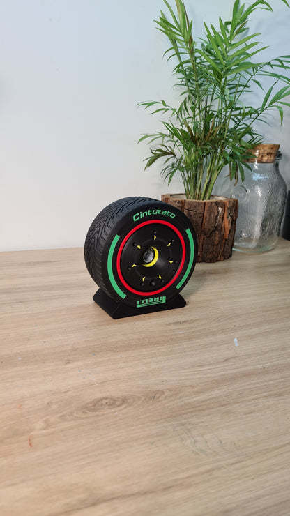 3D printed Pirelli Cinturato F1 tire replica display model with red and green details, F1 fan gift.
