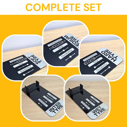 Complete F1 tyre compound display model set: Soft, Medium, Hard, Intermediate, Wet. Formula 1 fan desk decor.