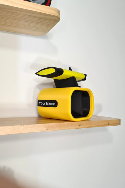 Customizable yellow and black 3D printed F1 car wing display model, ideal F1 fan gift.