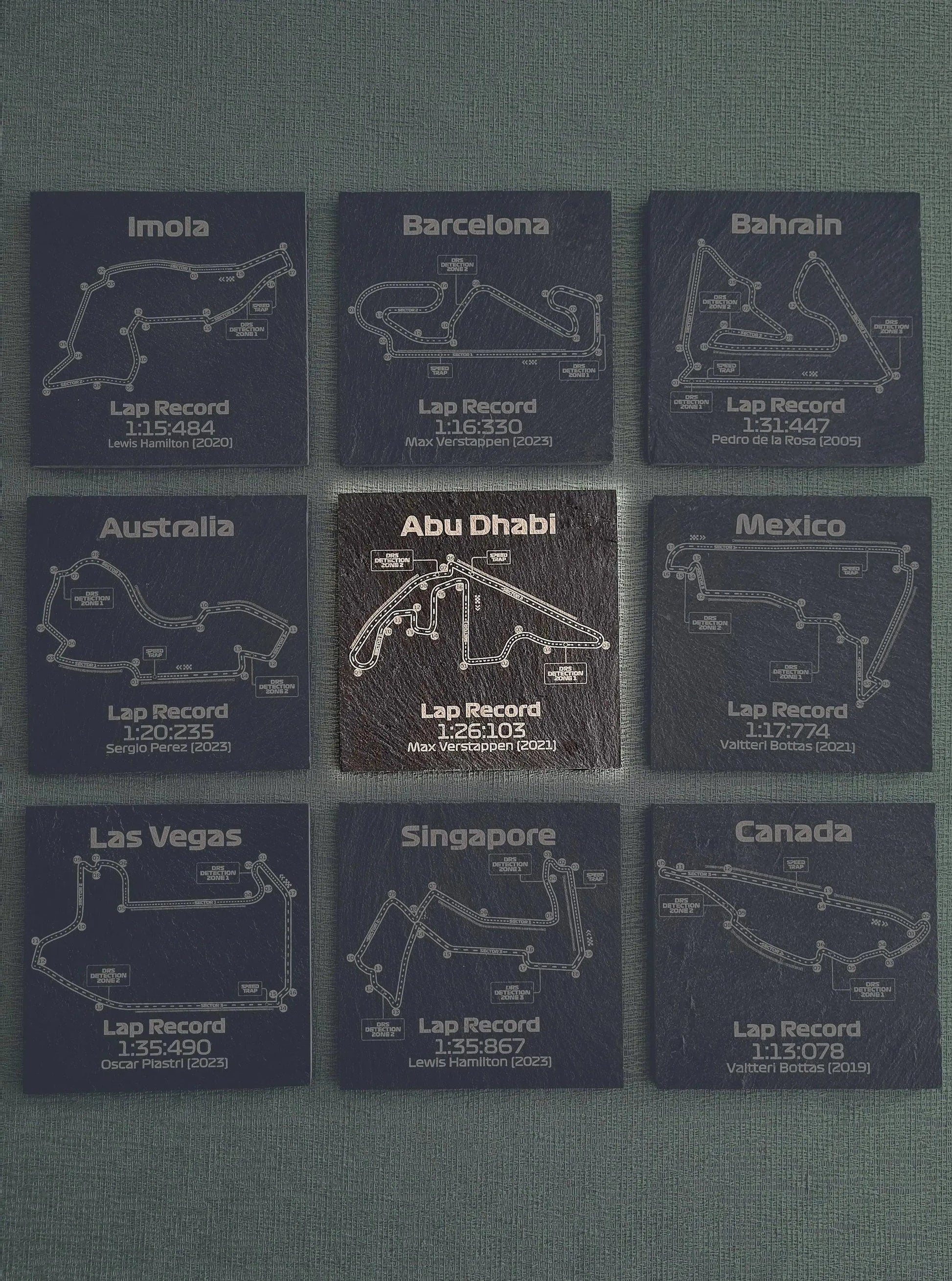 Engraved slate F1 circuit map coaster set with race track details and lap records, unique Formula 1 fan gift.