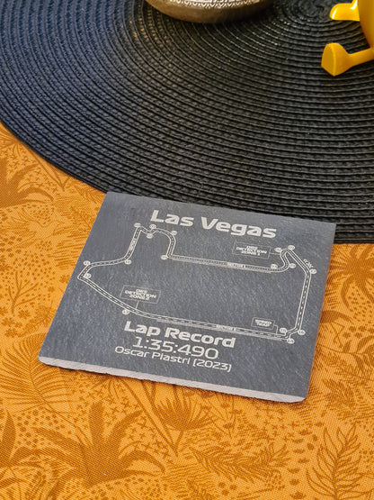 Las Vegas Formula 1 circuit slate coaster featuring Oscar Piastri's 2023 lap record, perfect F1 fan gift.
