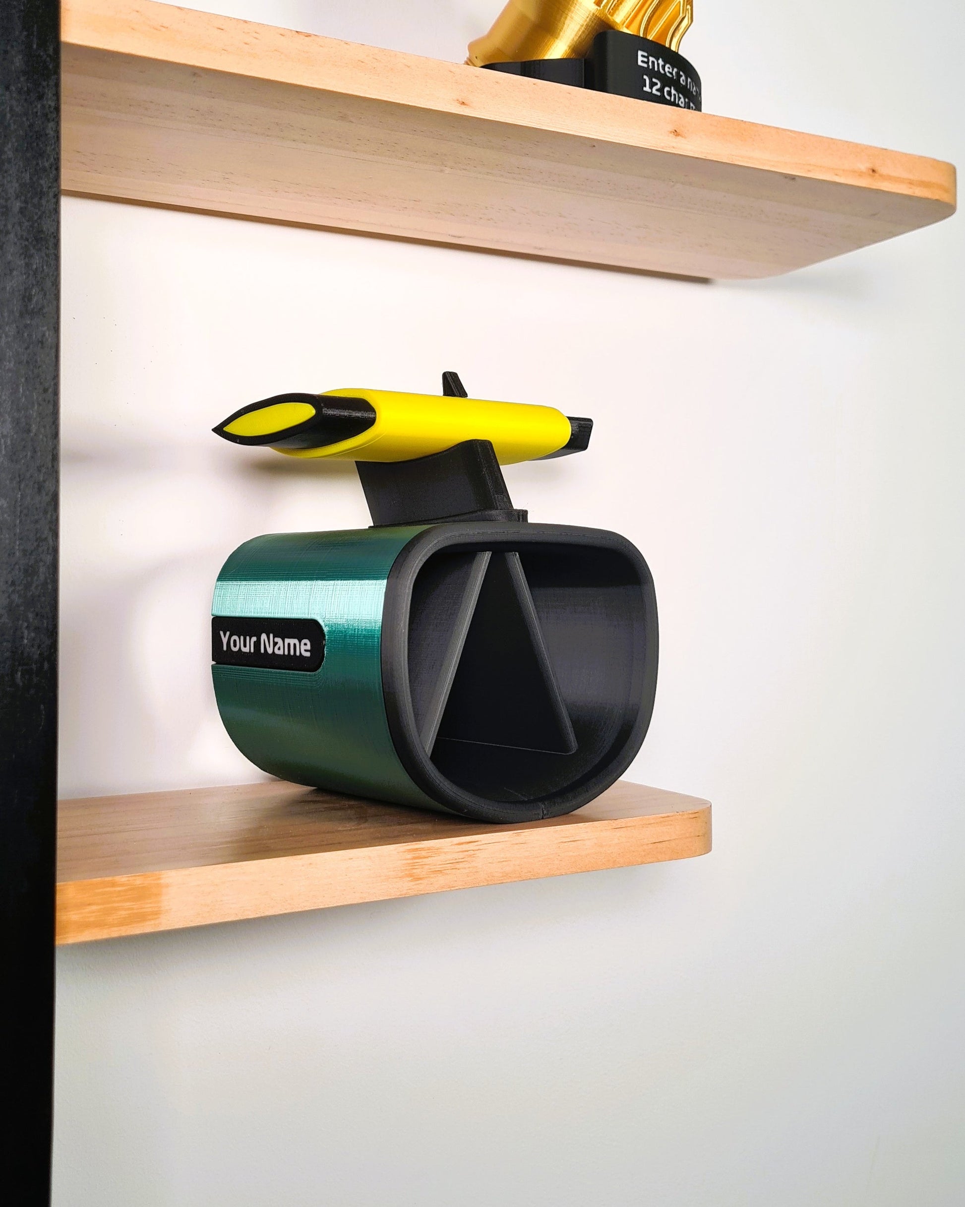 3D printed F1 car rear wing desk organizer, green and yellow custom name pen holder for F1 fans.