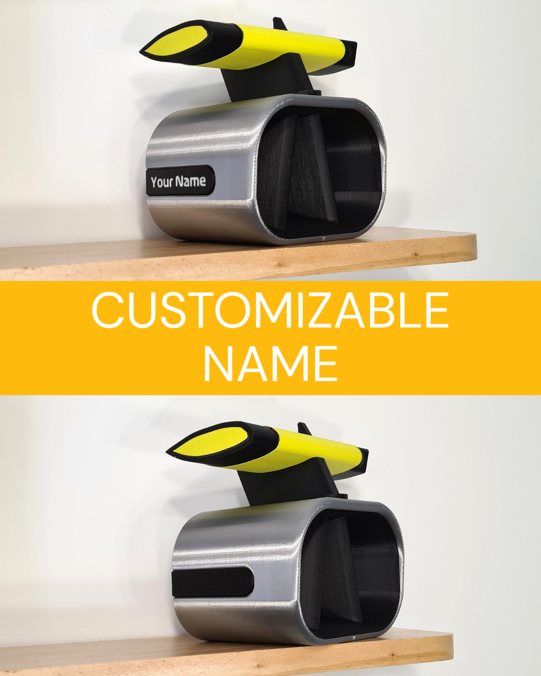 Replica of an RB Formula 1 airbox with customizable T-cam in two color options (yellow and black, pictured). Features include personalized text on a red backdrop. Ideal for motorsport enthusiasts.