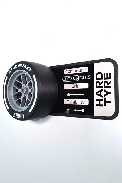 Formula 1 Hard Tyre Pirelli P Zero 3D replica wall art display showing C2 compound details, F1 fan gift.