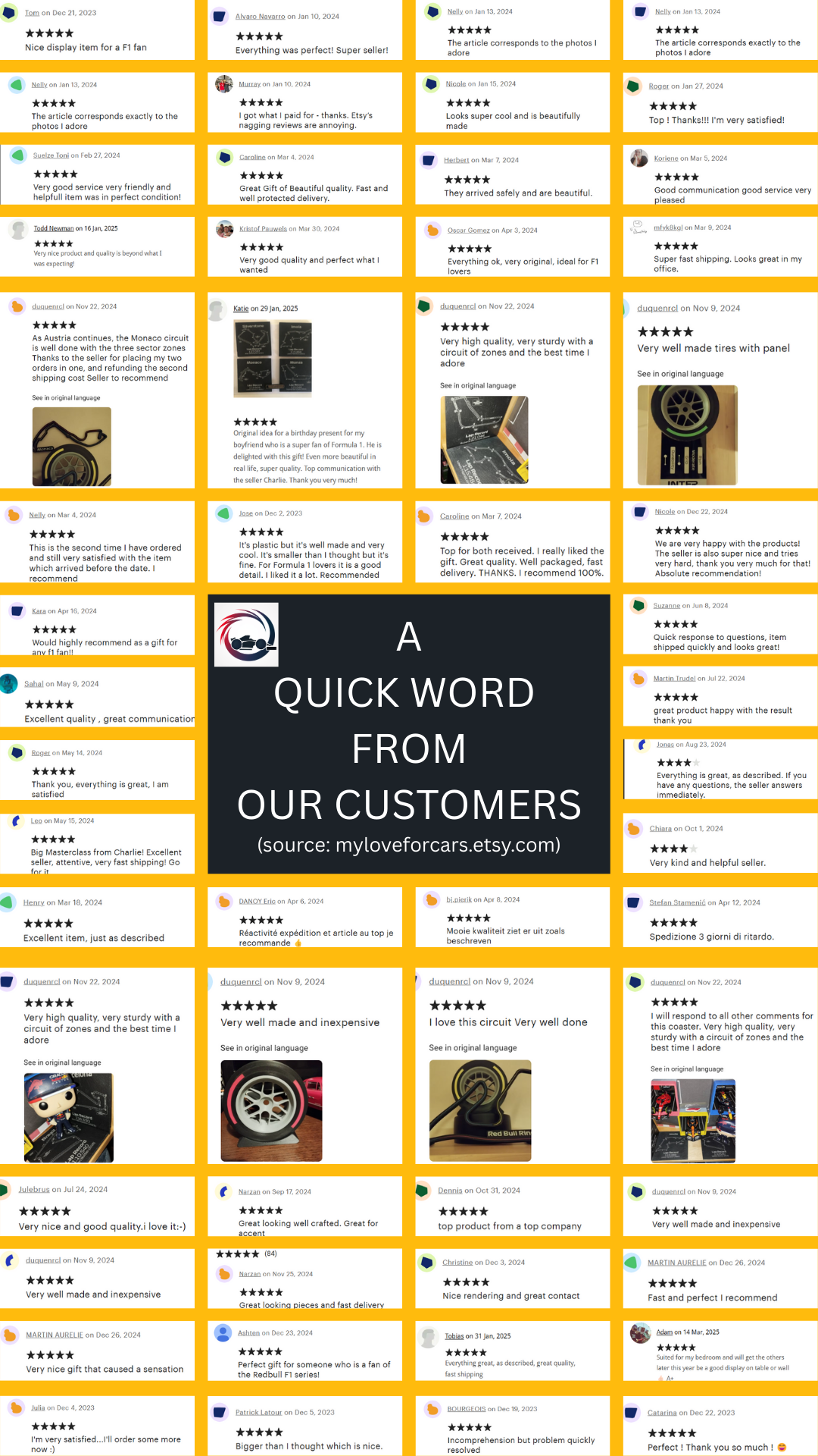 "Image shows a collection of positive customer reviews for a three-tier, laser-cut, white framed wooden display box with miniature tire replicas, ideal for Formula 1 enthusiasts, featured on an Etsy shop webpage."