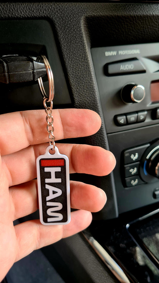 A custom F1 themed keychain with "LEC" initials on a wooden table, near a potted plant and mini tire display. Ideal for motorsport fans to personalize with names or initials.