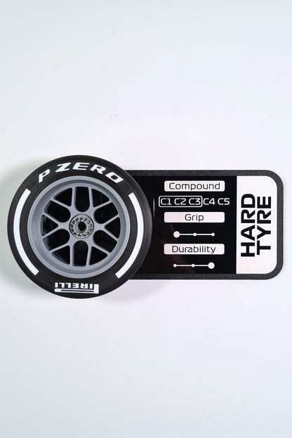 Pirelli P Zero Hard F1 tire 3D model replica with white stripe and stats display plaque, F1 fan gift.