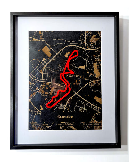 Red Suzuka Japan Formula 1 circuit 3D framed wall art, perfect F1 fan gift.