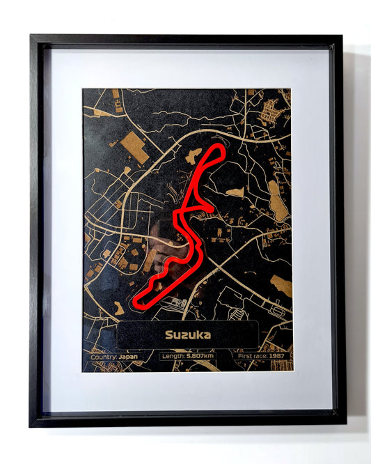 Red Suzuka Japan Formula 1 circuit 3D framed wall art, perfect F1 fan gift.