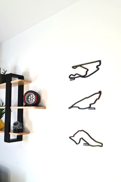 3D printed F1 Miami, Canada, Imola circuit track wall art with Pirelli P Zero tire replica, ideal F1 fan gift.