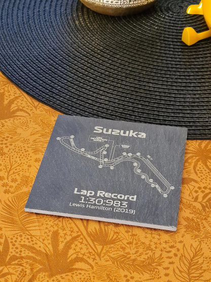 Suzuka Circuit F1 slate coaster with Lewis Hamilton lap record, unique Formula 1 fan gift.