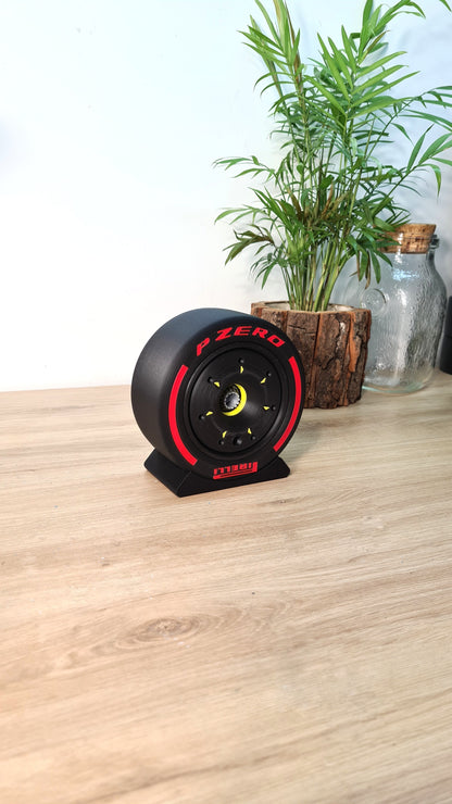 Black F1 Pirelli P Zero tire replica desk display model, perfect motorsport fan gift.