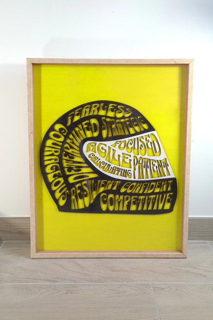 Racing pilot spirit framed multilayered laser cutted wood - 3 sizes - 6 colors - F1 helmet